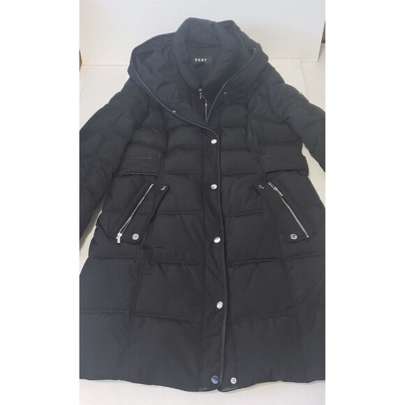DKNY Winter Puffer Coat Black Hooded Large Knee Length Double Pockets Bib Front - Picture 11 of 15